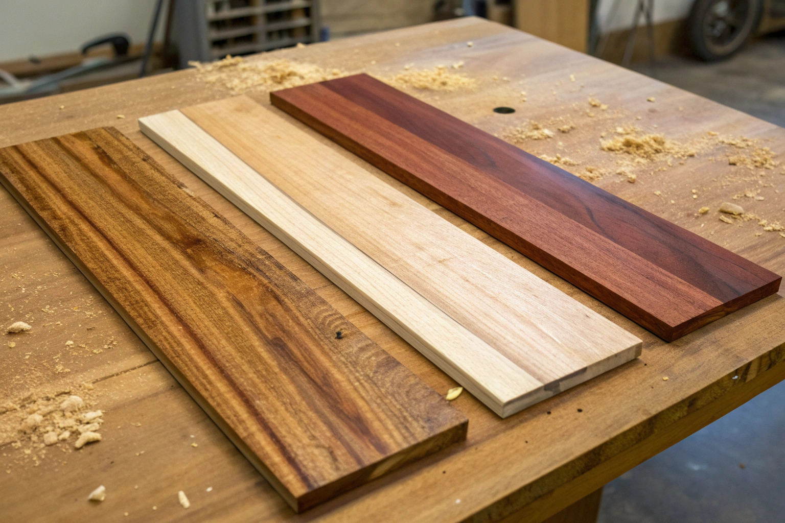 Spotted Gum, Blackbutt and Ironbark hardwood timber sample boards compared side by side