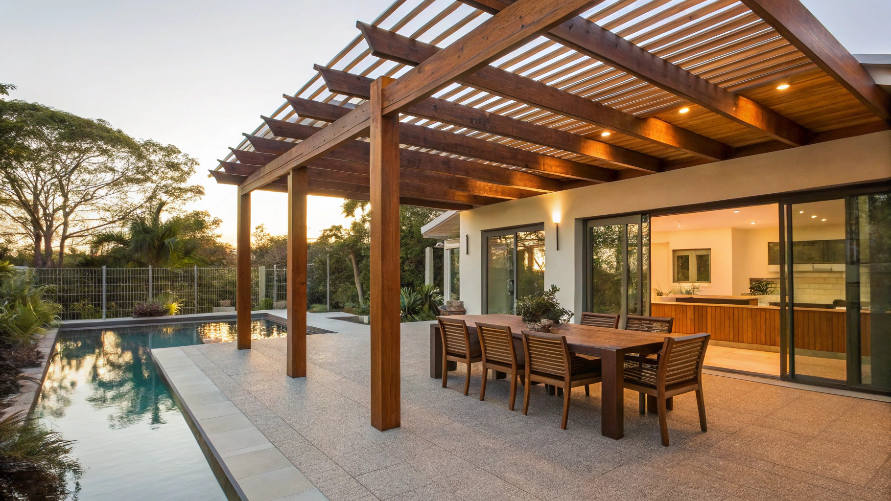 A finished timber pergola over an outdoor dining area beside a pool