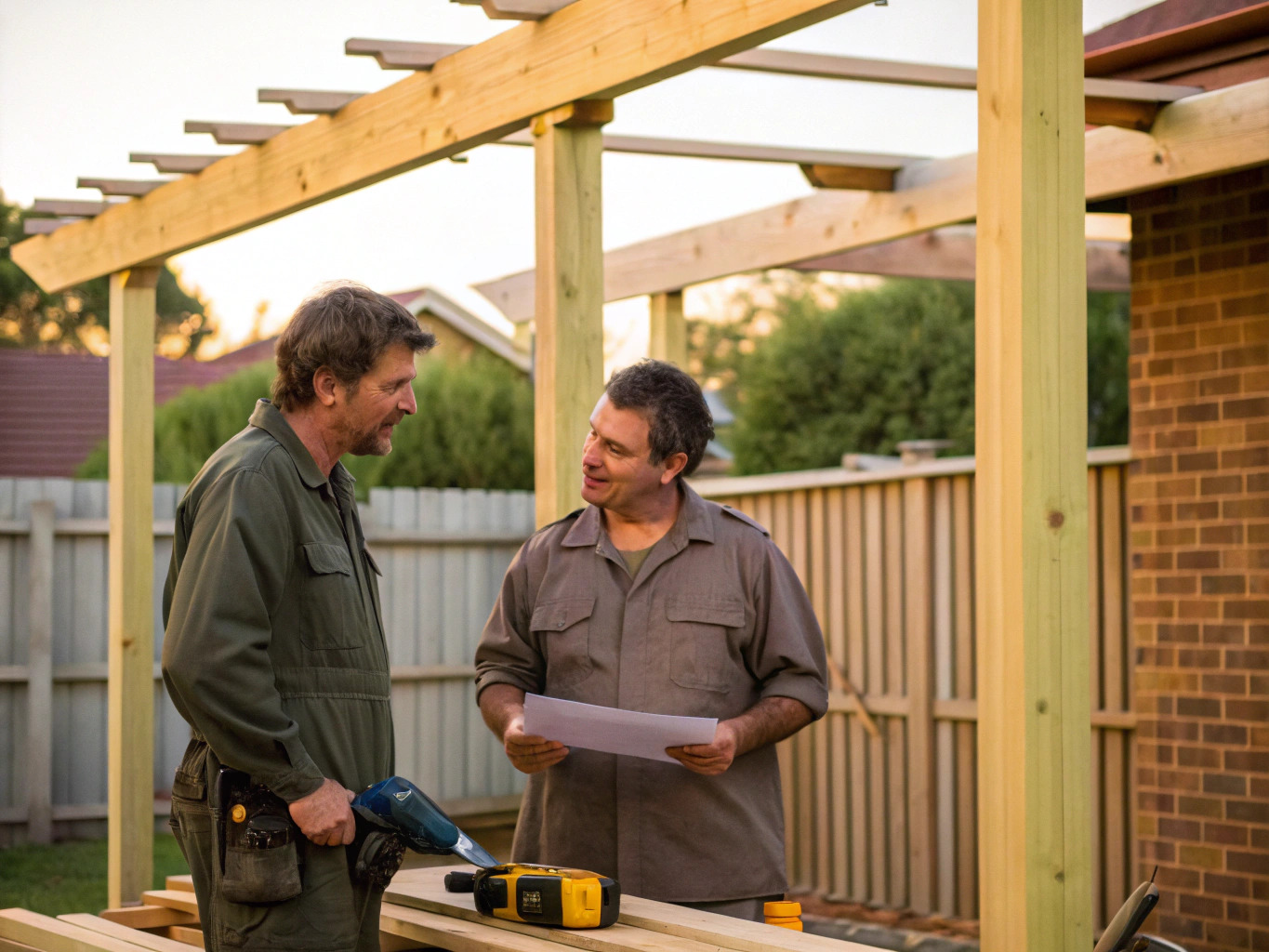 Pergolas Sunshine Coast builders consulting on site during a pergola build