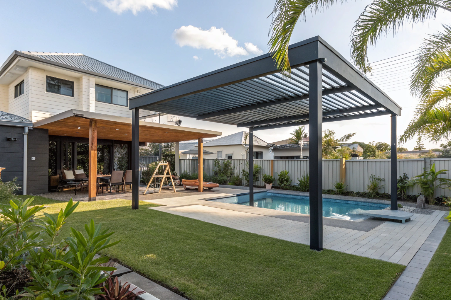 Modern suburban backyard with pergola in Parrearra, Kawana Waters