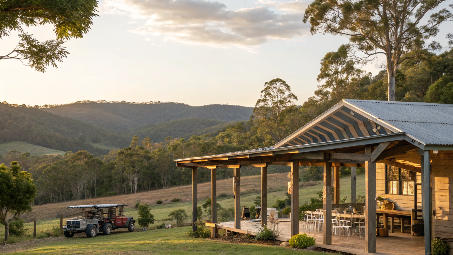 Golden-hour photo of a pergola integrated into a rural Landsborough property
