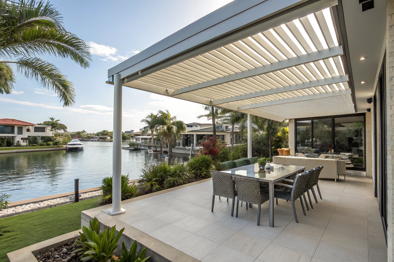 Pergola installed over a contemporary paved patio