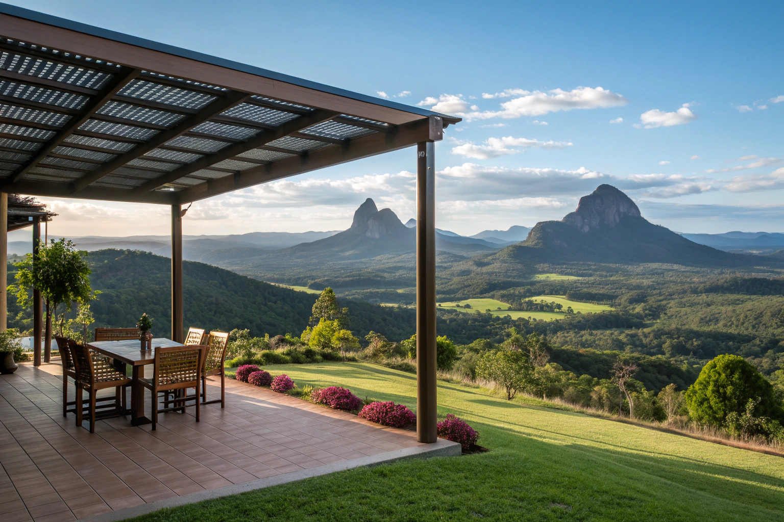 Pergola with a clear view of the Glass House Mountains