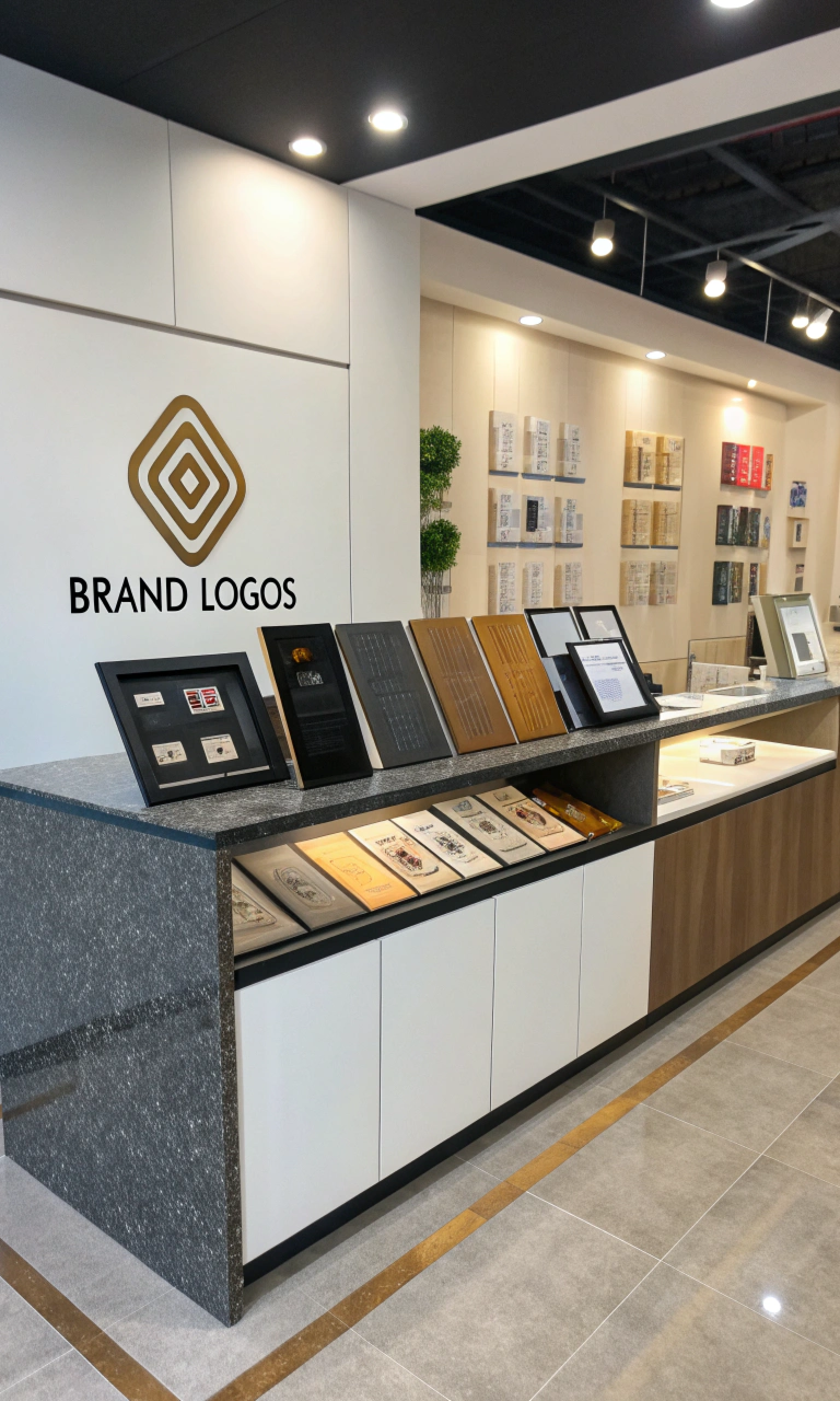 Showroom display featuring materials and brand samples used in patio builds