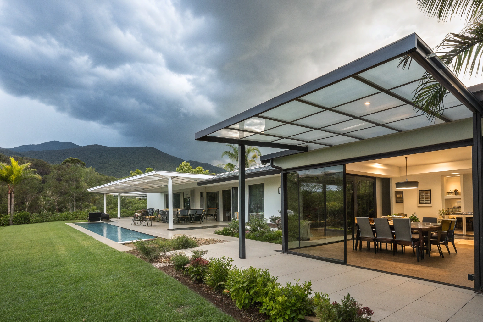 A modern home with a glass-roofed covered outdoor dining area beside a pool, storm clouds gathering over hills in the background