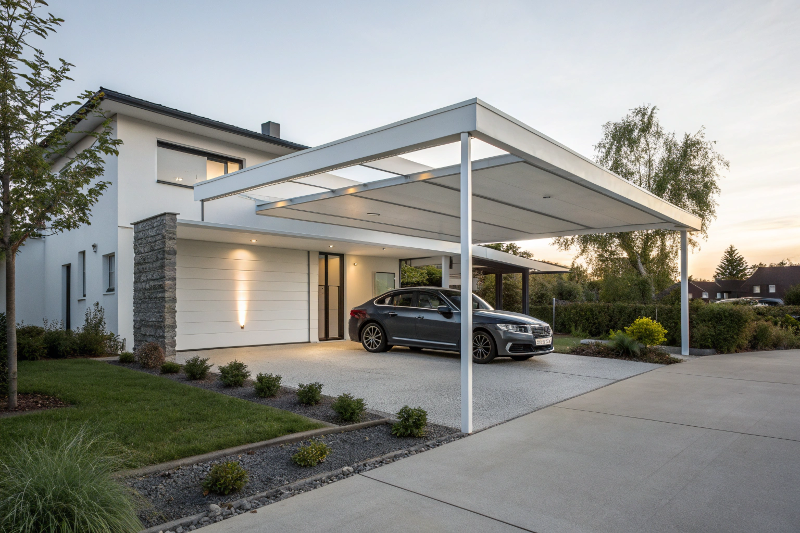 Modern white steel single carport with flat roof attached to contemporary house