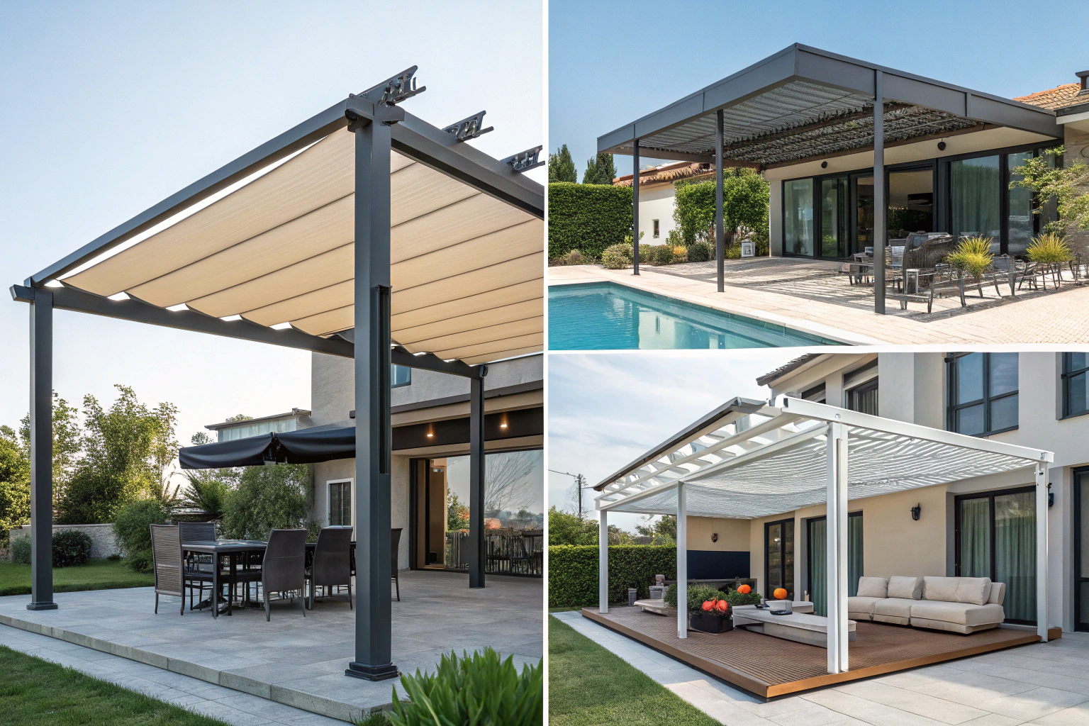 Three different retractable-roof pergola design styles