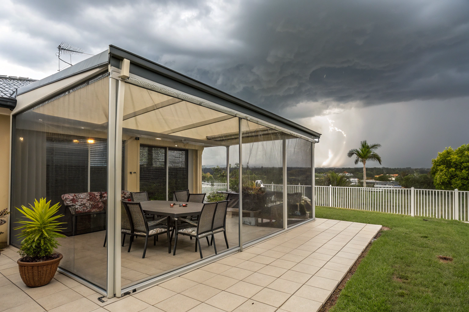 Patio enclosure system with clear panels sheltering an outdoor area during rain