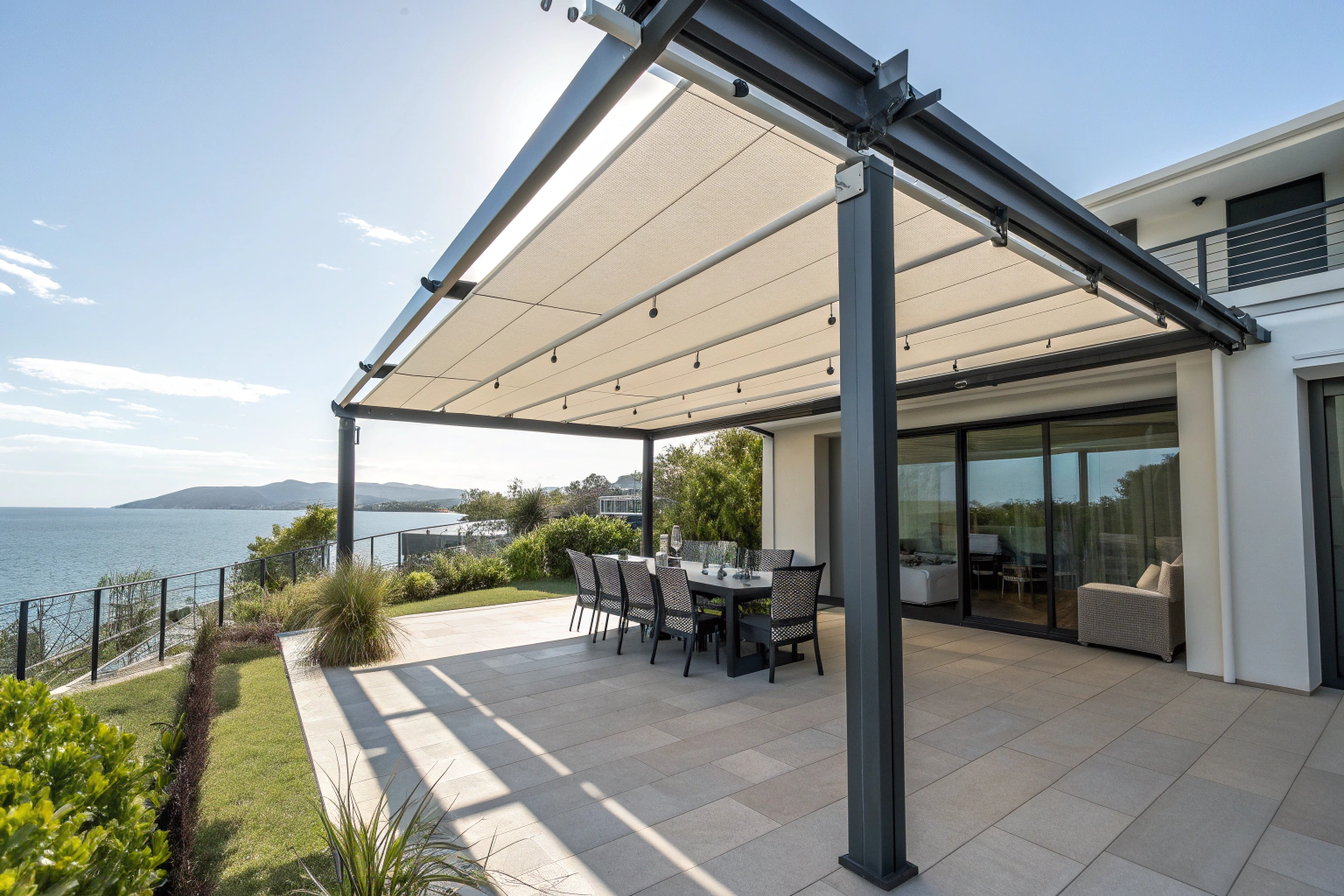 Retractable-roof pergola closed against extreme Queensland weather