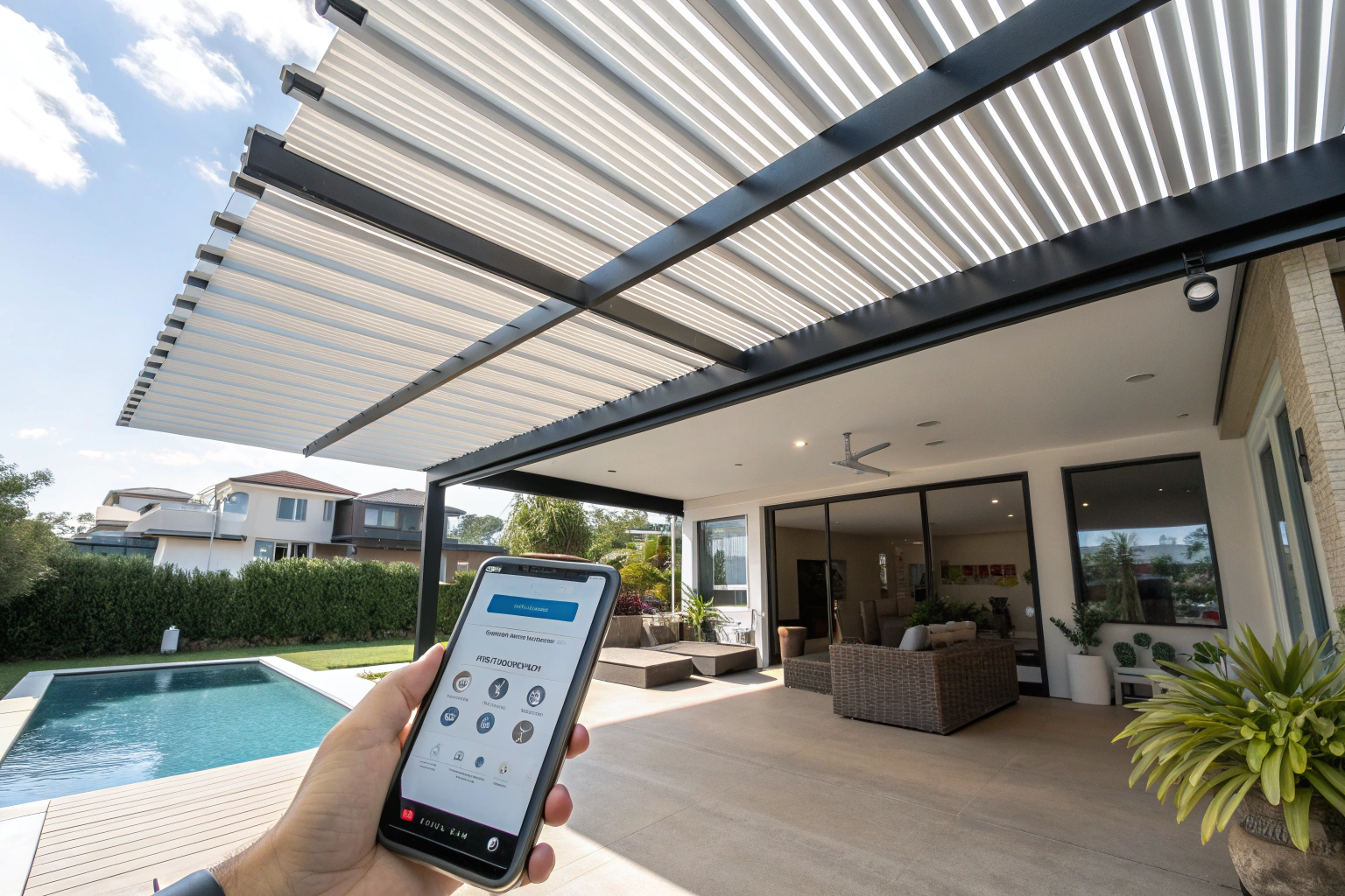 Smartphone app used to control a motorised retractable-roof pergola
