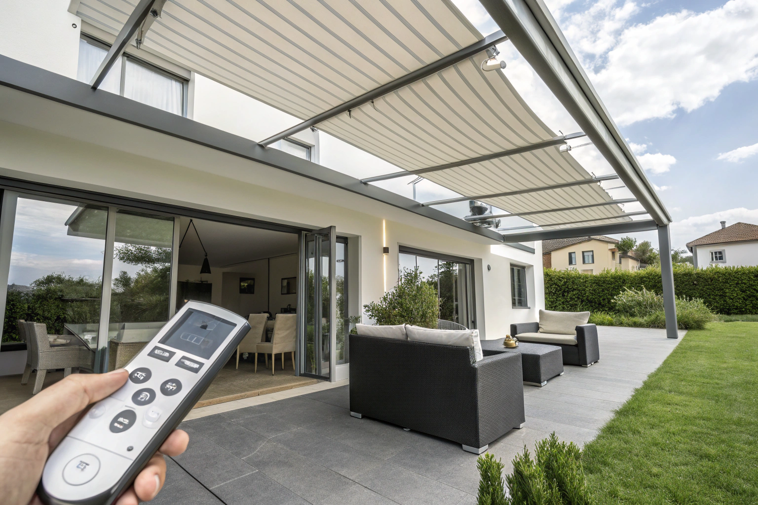 Motorized patio enclosure system with remote control automation for convenient outdoor weather protection