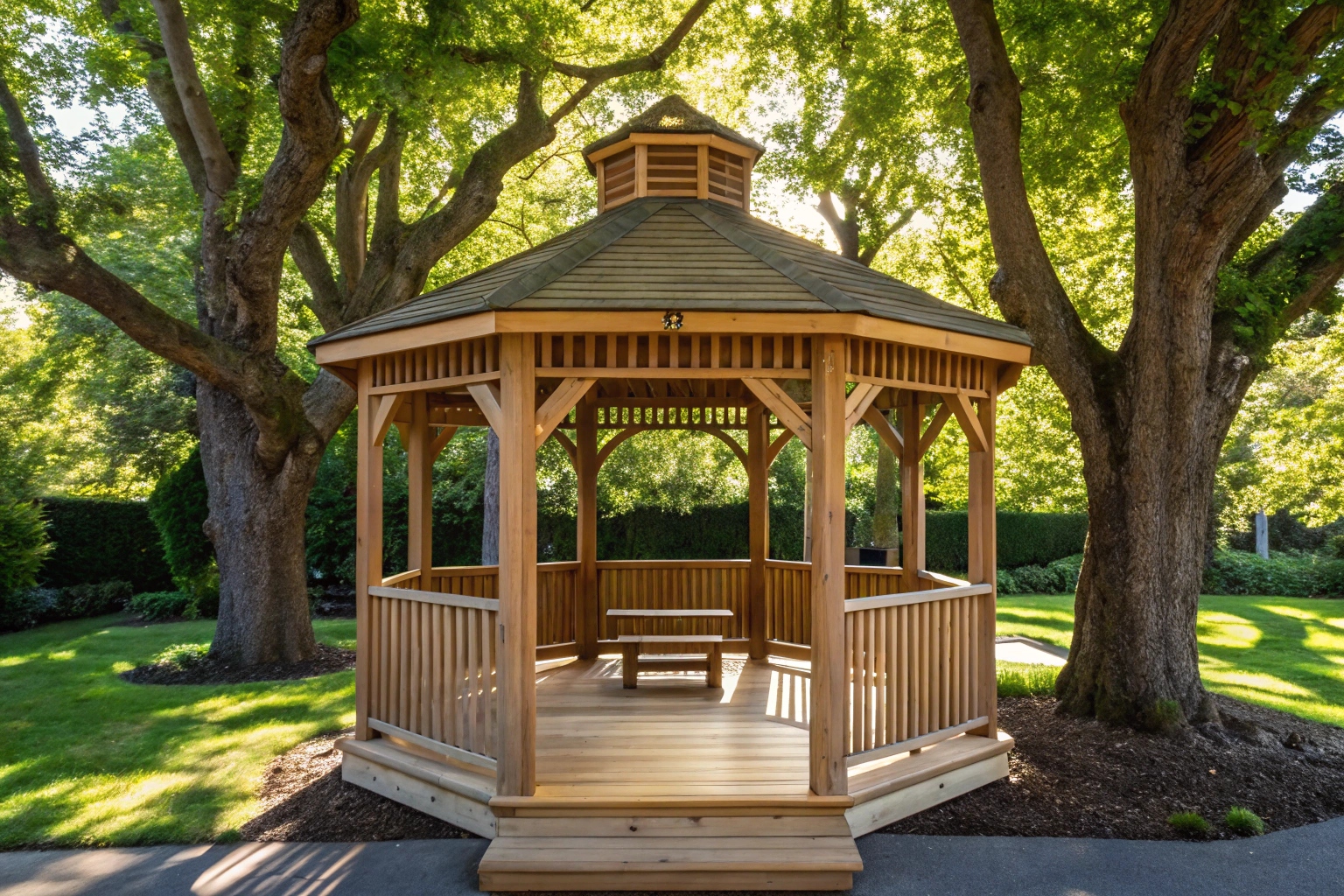 Timber octagonal gazebo on the Sunshine Coast with natural garden setting and outdoor furniture