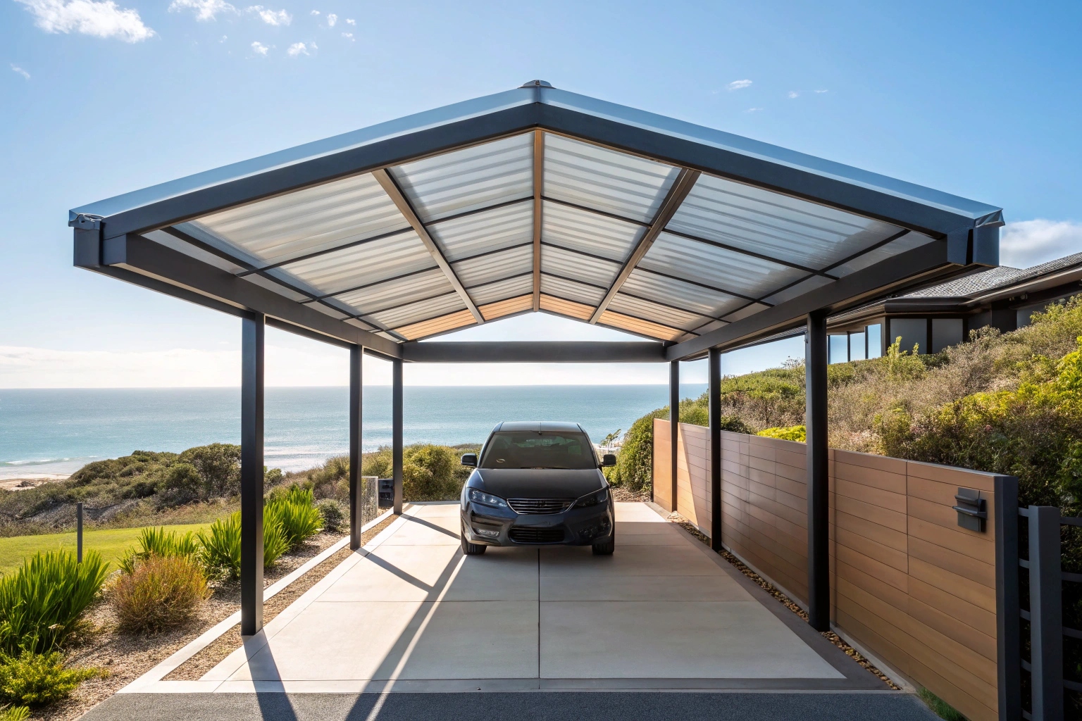 Polycarbonate carport panels protecting vehicles from weather and hail damage on the Sunshine Coast