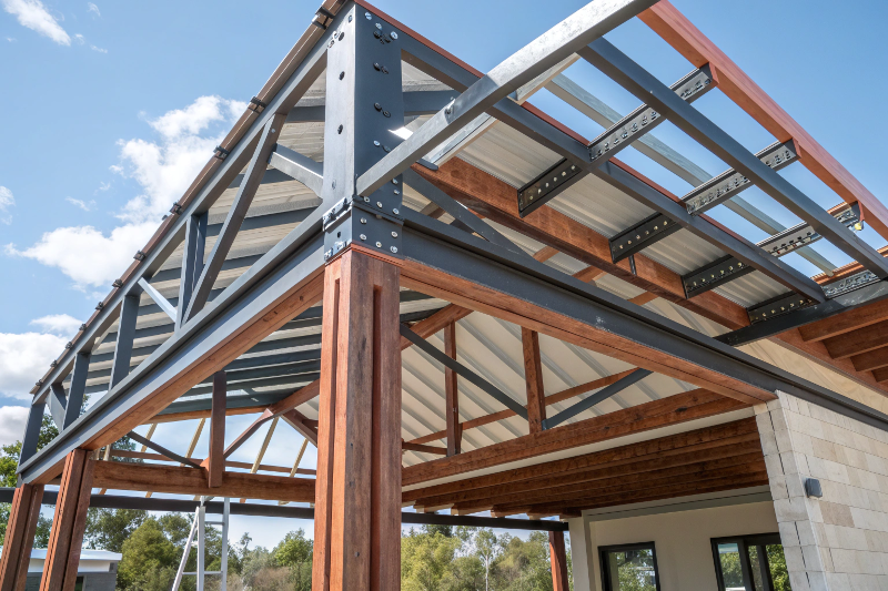 Structural timber and steel framework of a pavilion under construction