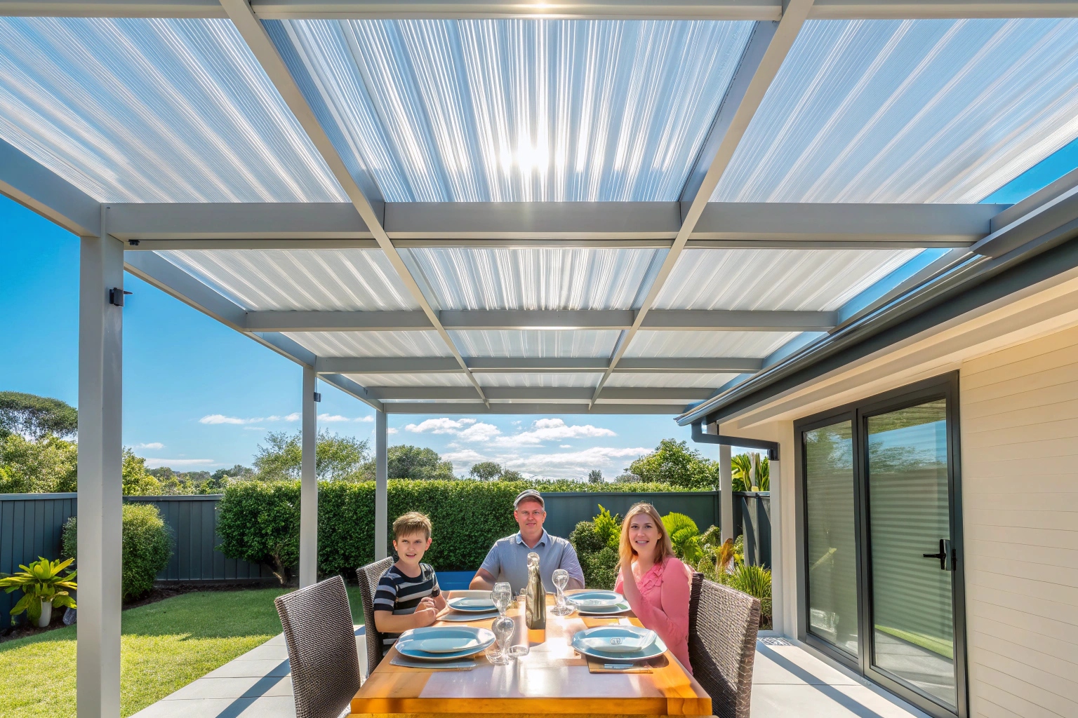 Family enjoying outdoor entertainment area under polycarbonate pergola roof panels on the Sunshine Coast