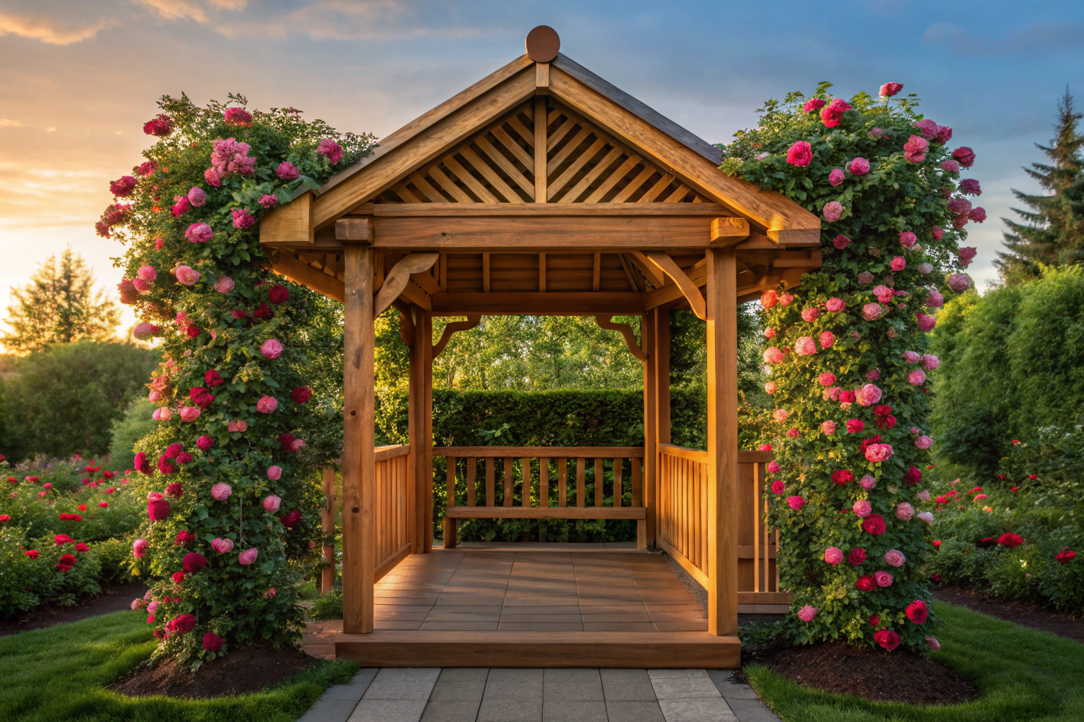 Timber cottage-style garden gazebo with climbing plants