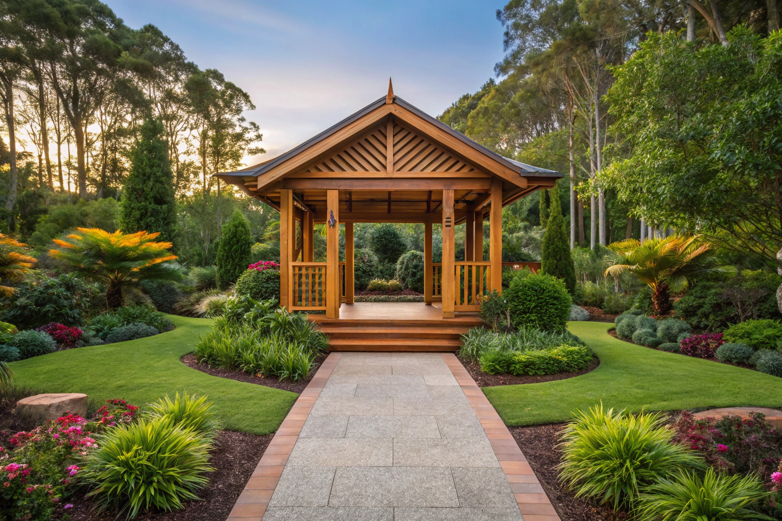 Timber garden gazebo integrated into a landscaped garden
