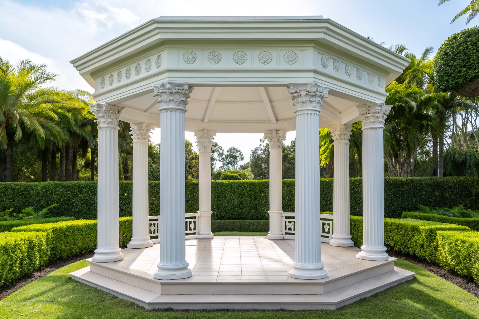 Traditional white-painted octagonal garden gazebo