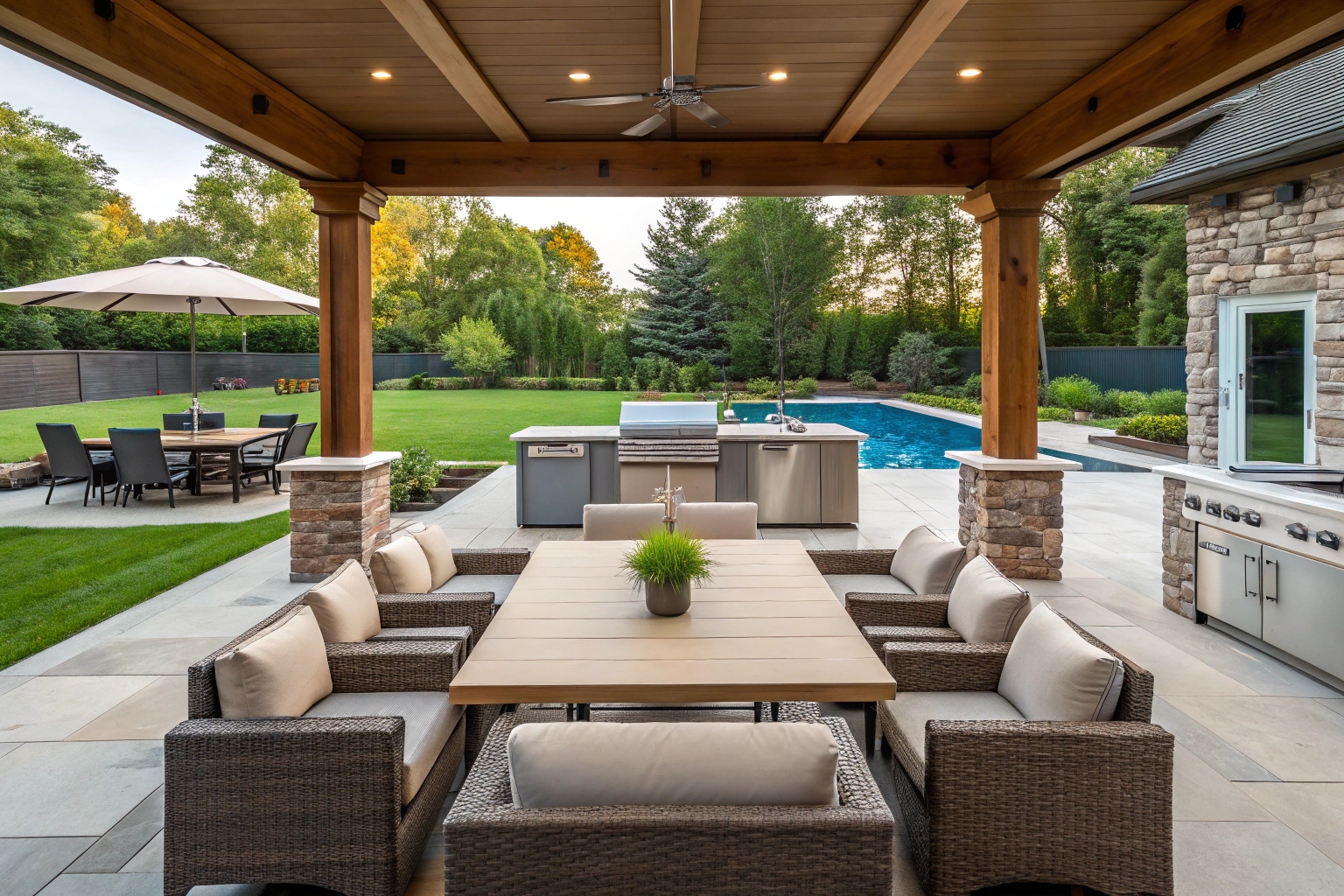 Complete outdoor entertainment area with multiple zones on the Sunshine Coast