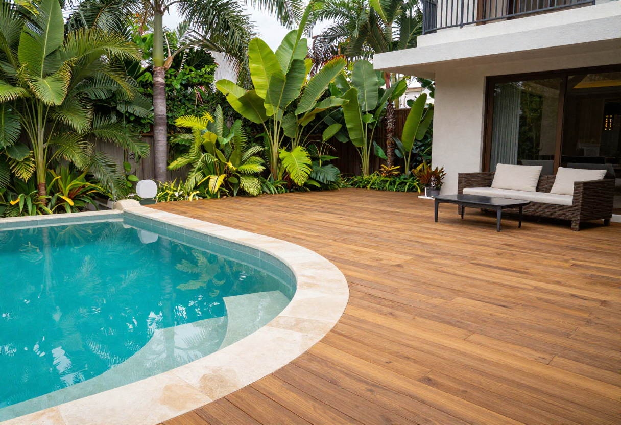 luxury residential pool with natural timber decking surround