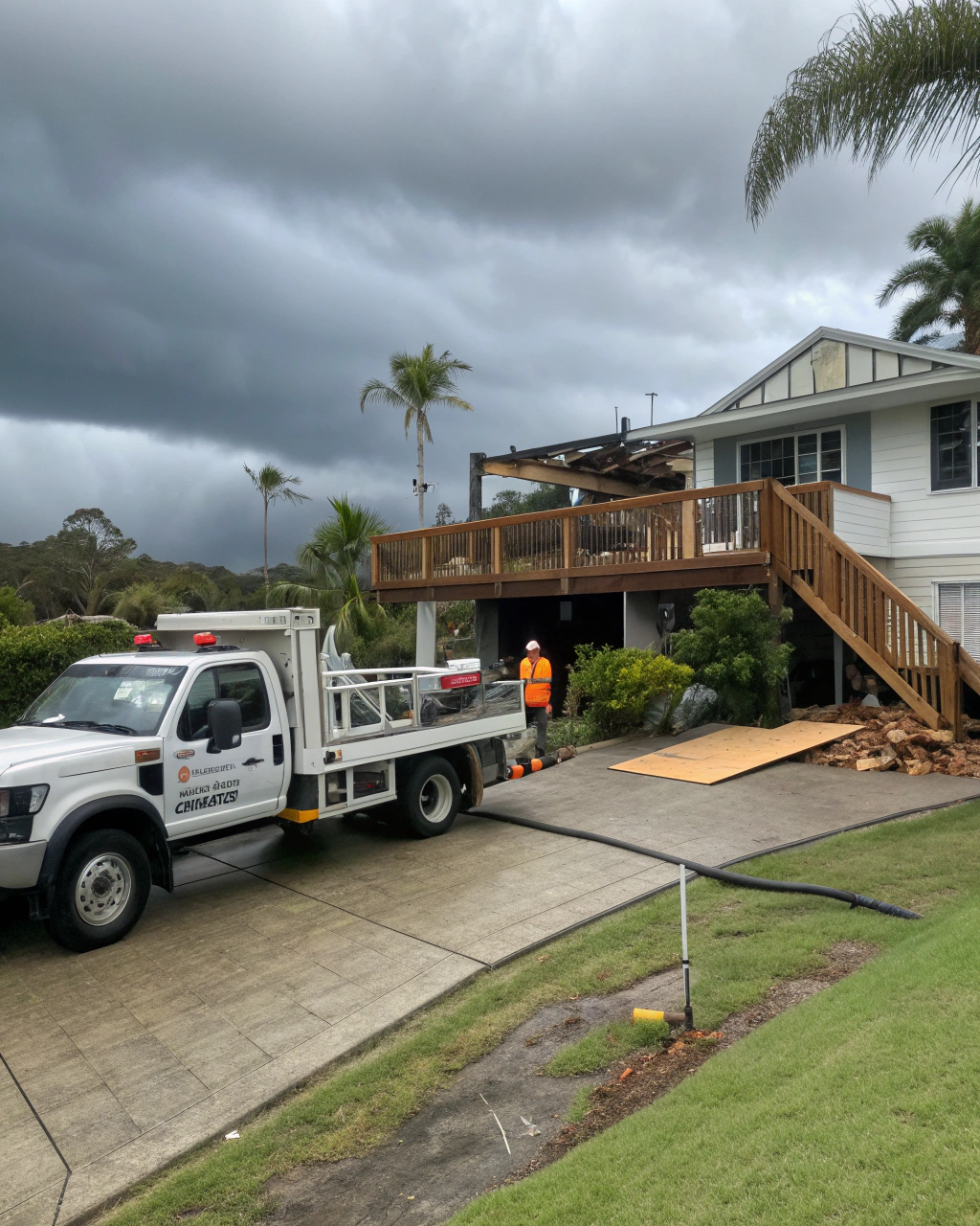 Deck repair tradesman's truck arriving at a storm-damaged property