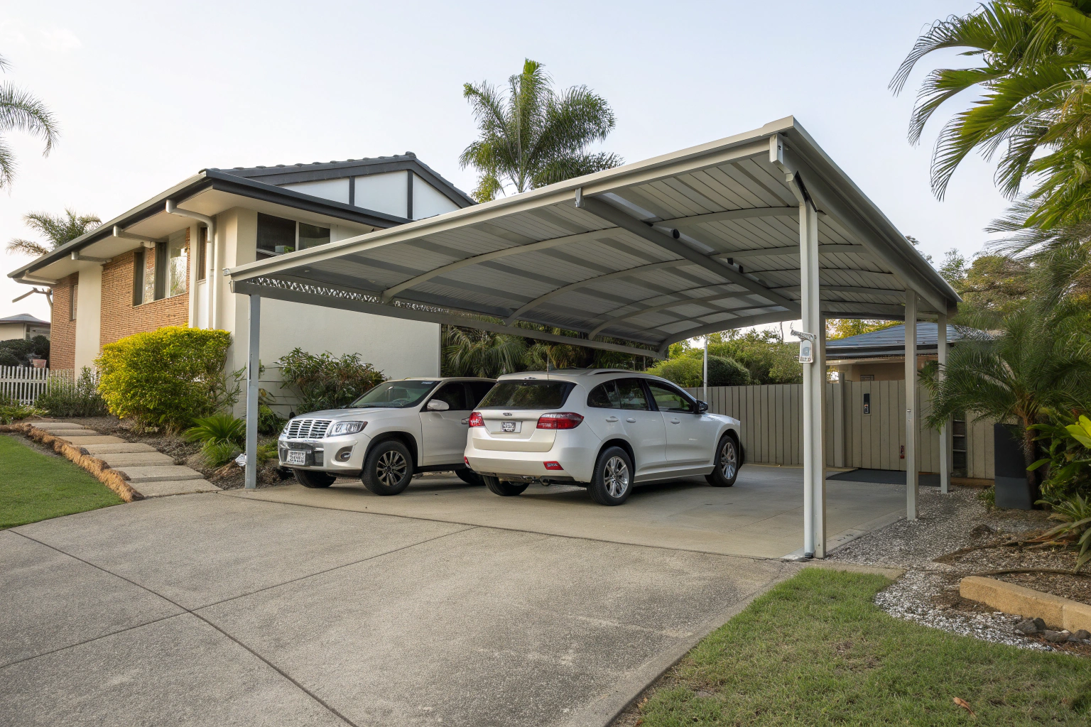 Double carport protecting two vehicles at a Sunshine Coast home