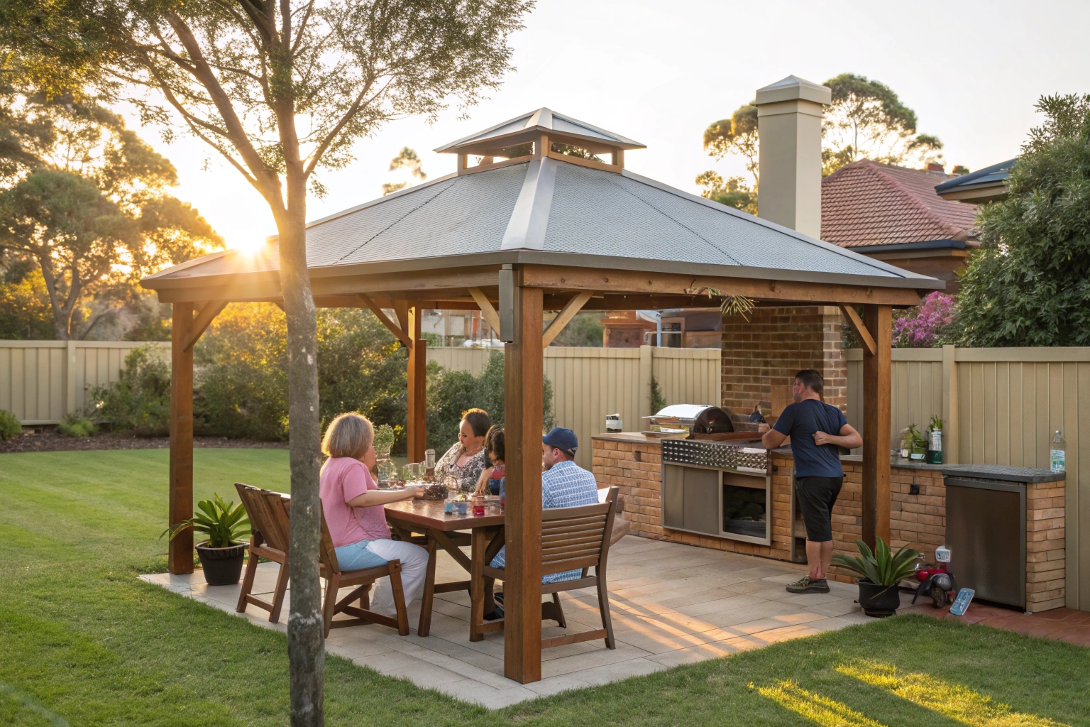 Family entertaining under custom gazebo in Sunshine Coast backyard