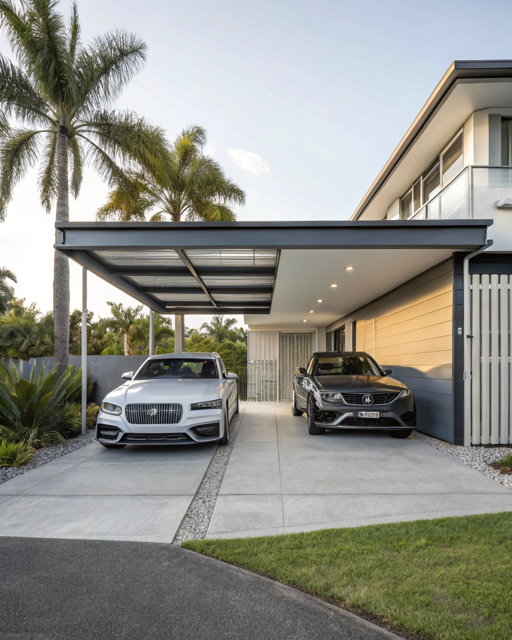 Modern double carport attached to a Sunshine Coast home sheltering two cars