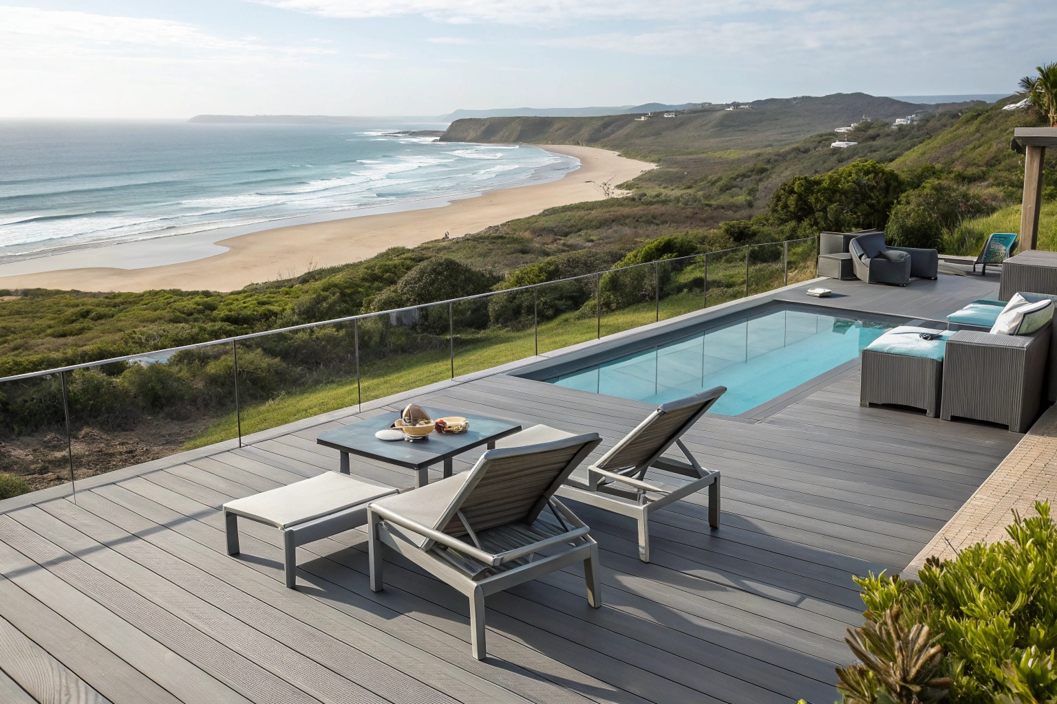 grey composite deck with outdoor furniture overlooking Australian coastal landscape, contemporary outdoor living space with pool in background