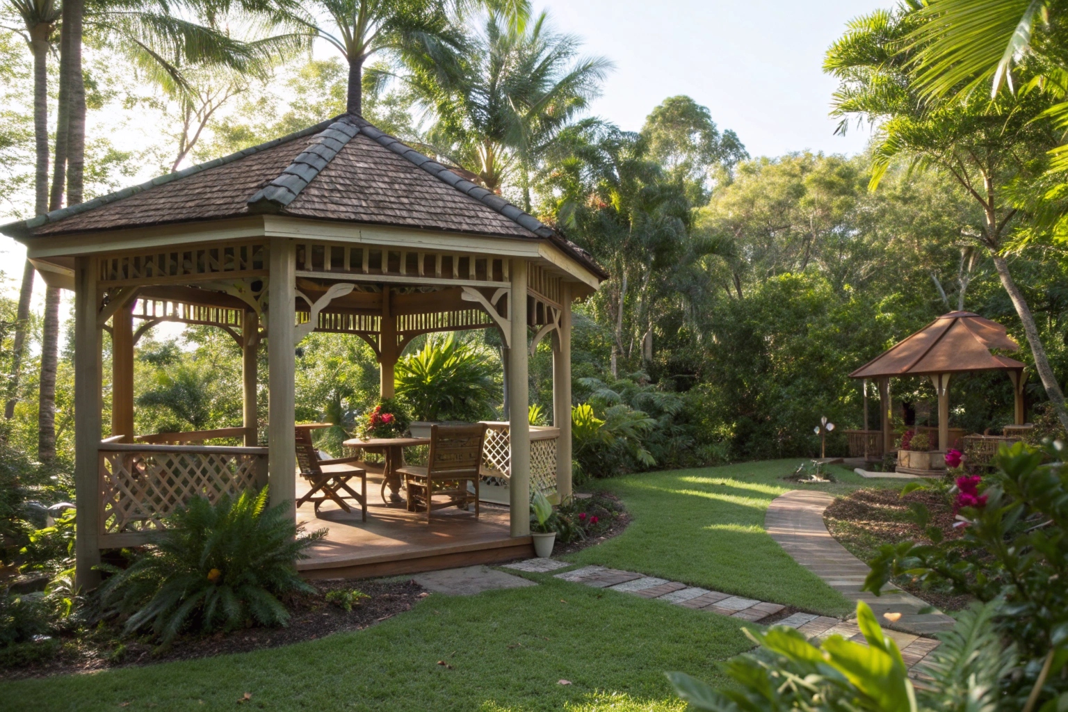 Traditional timber gazebo in Sunshine Coast garden with outdoor seating