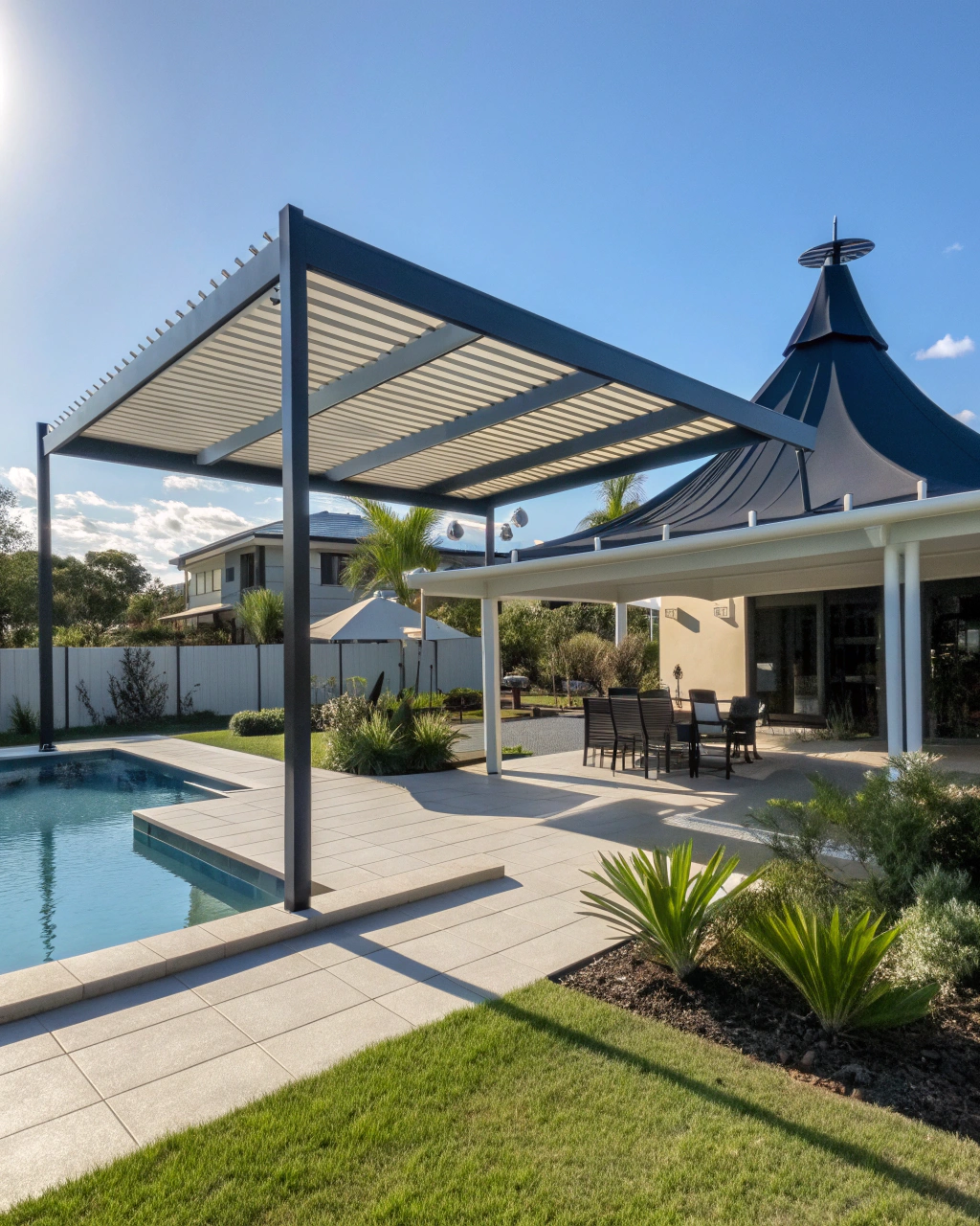 A variety of shade structures in a Queensland backyard
