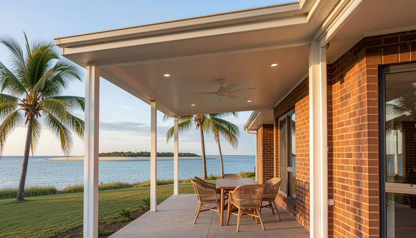a modern attached patio roof on a single-storey brick coastal home