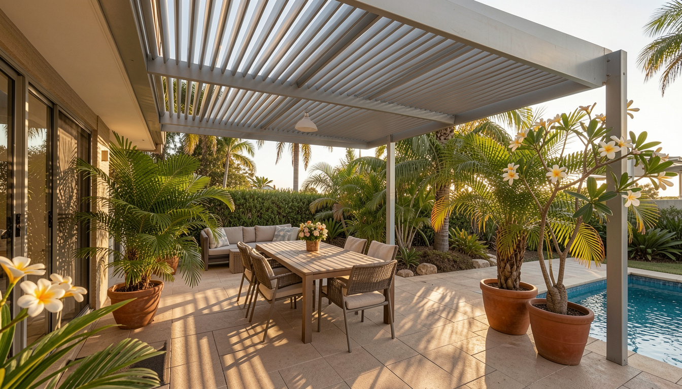 Aluminium louvred retractable roof pergola over a paved outdoor entertaining area