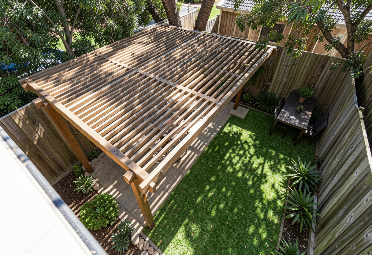 freestanding pergola with a slatted roof