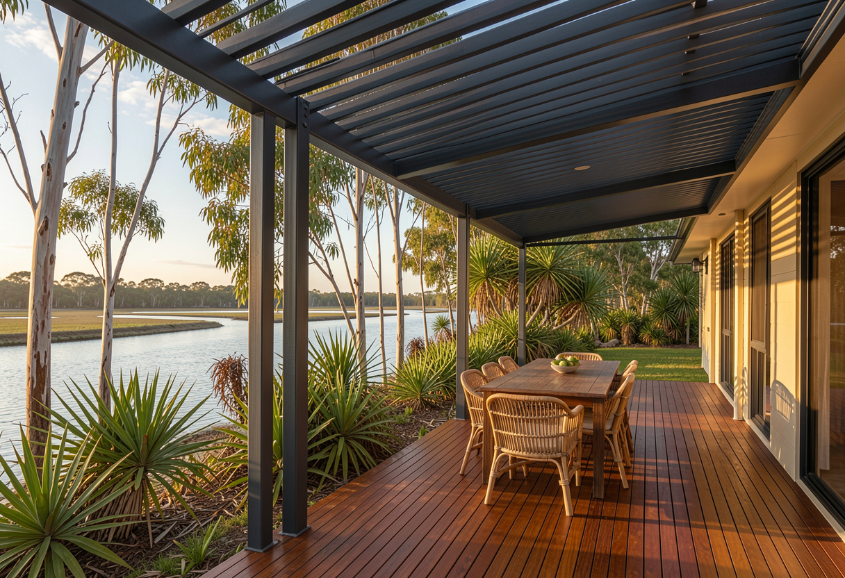 louvred aluminium pergola attached to a renovated single-storey