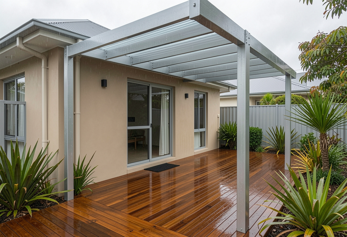 modern aluminium pergola attached to a rendered Queensland home