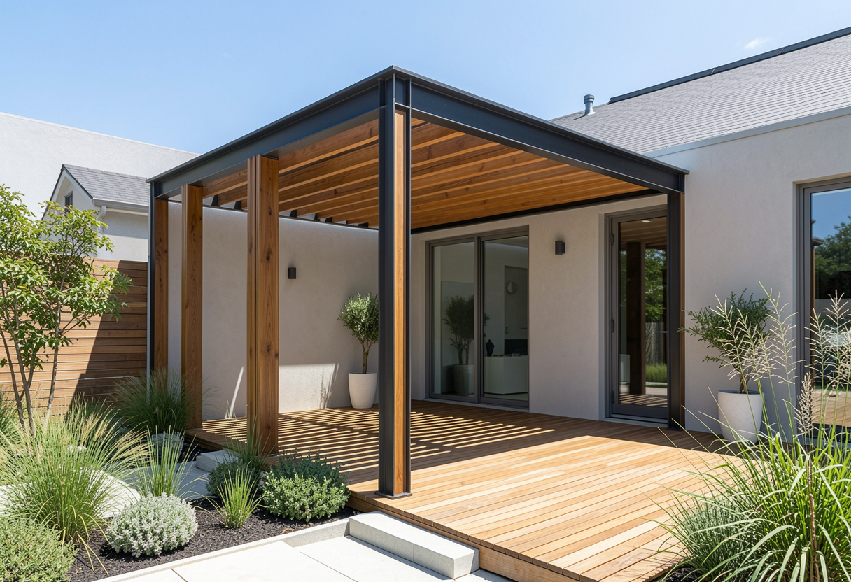 modern timber and steel pergola attached to a rear deck