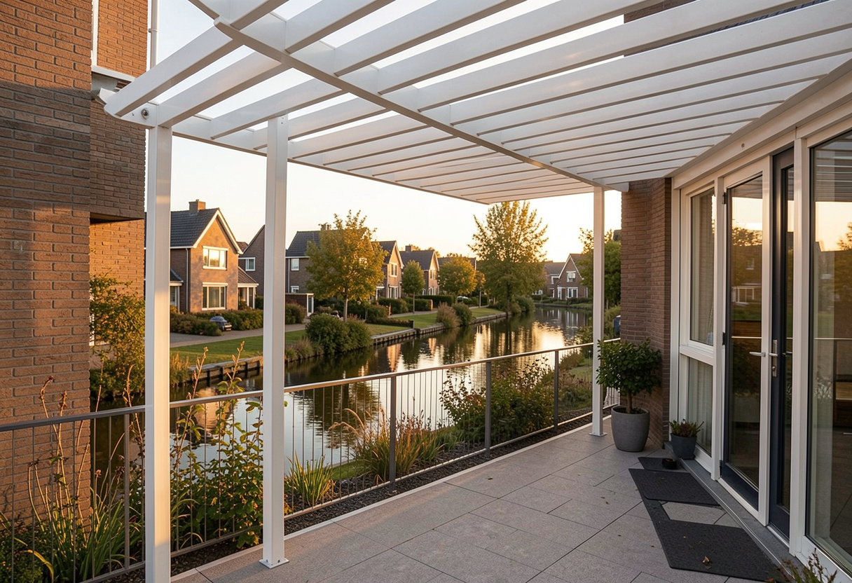 modern white aluminium pergola attached to the rear of a contemporary Queensland waterfront home