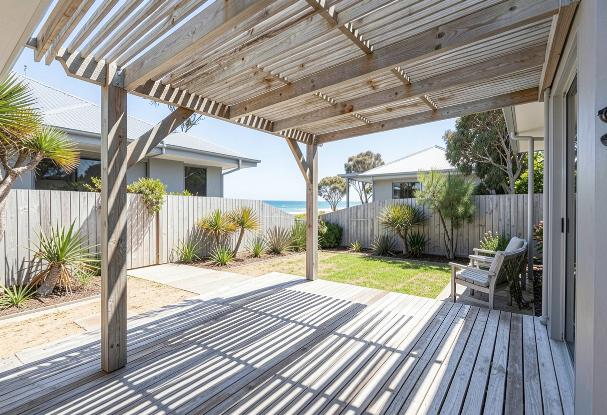 timber pergola attached to the rear of the home